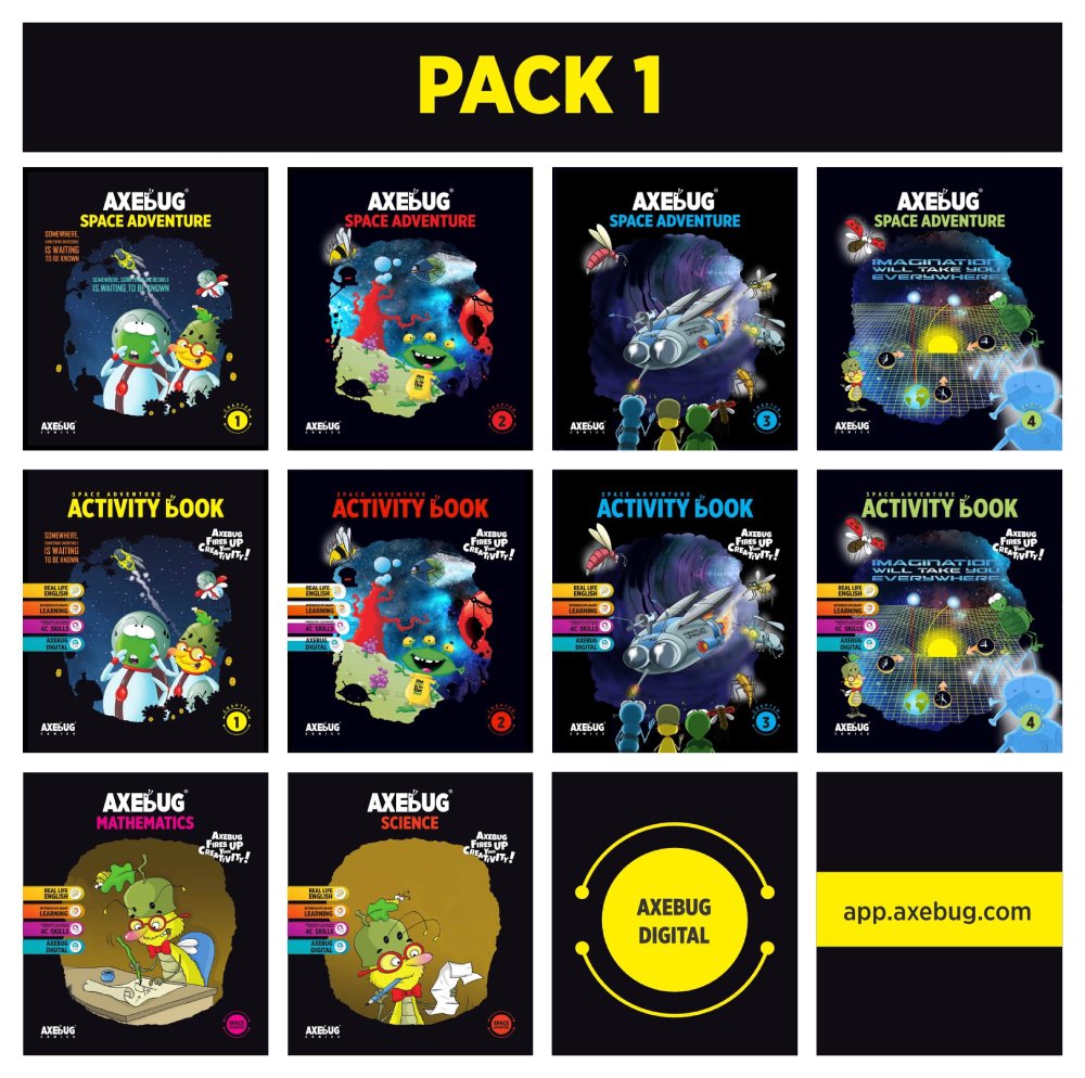 Pack 1: comic books 1–4, activity books 1–4, Mathematics and Science books, AXEBUG Digital
