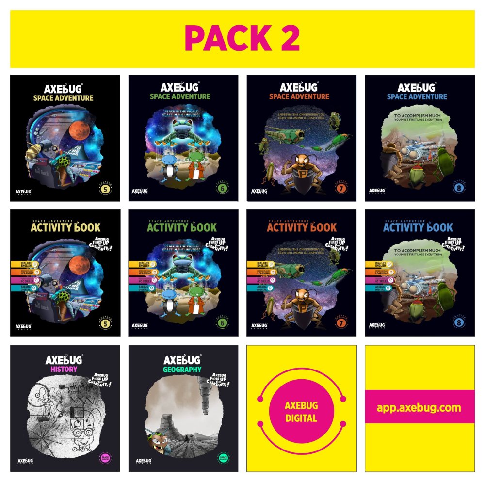 Pack 2: comic books 5–8, activity books 5–8, History and Geography books, AXEBUG Digital